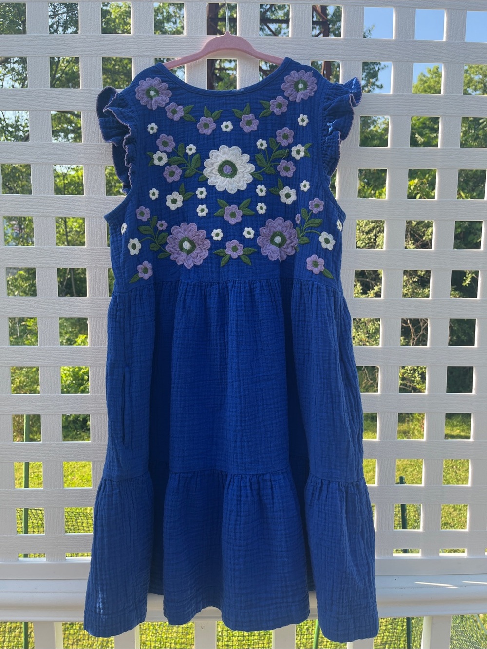 Mini Boden Royal Blue Cotton Dress with Lavender & White Floral Embroidery